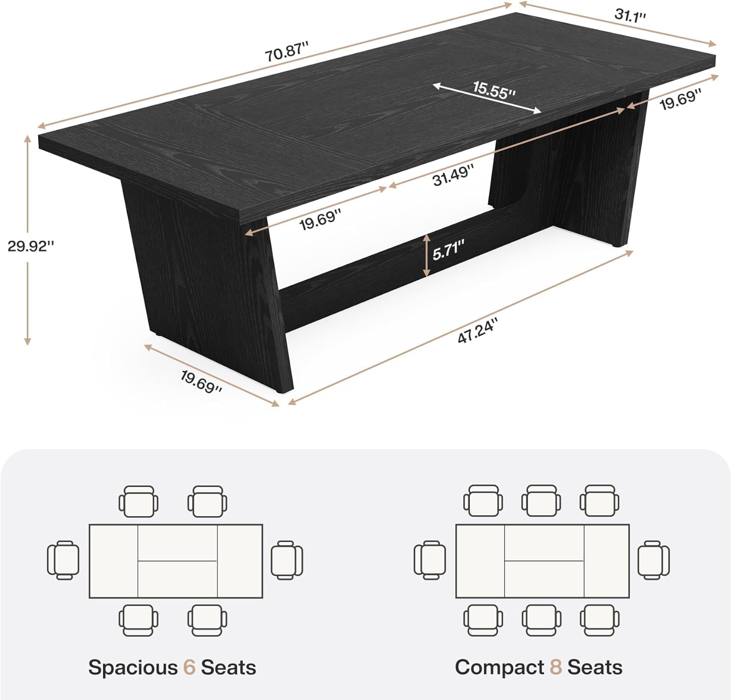 Finmind 70.87" Dining Room Table: Solid Wooden Farmhouse Kitchen Table for 6-8, Rustic Long Dinner Table, Black