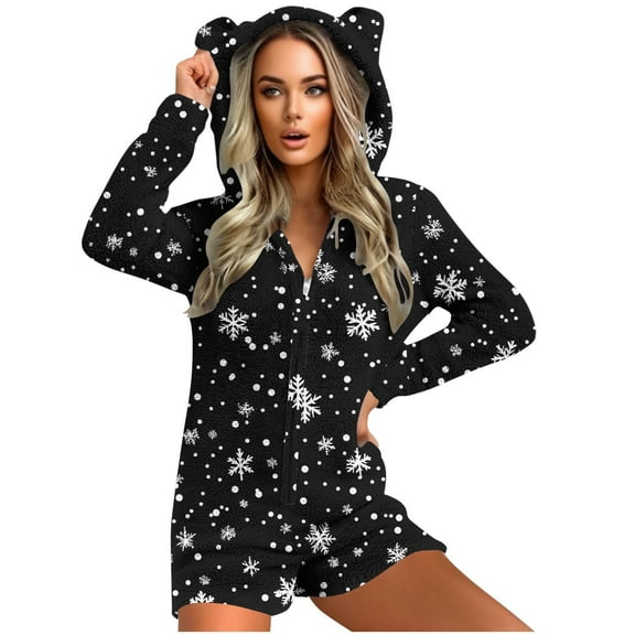 Cavosen Christmas Jumpsuits for Women Plus Size Fleece Zipper Long Sleeve Cute Hooded Loungewear with Ears Snowflake Thicken Onesie Warm Unisex Casual Sleepwear