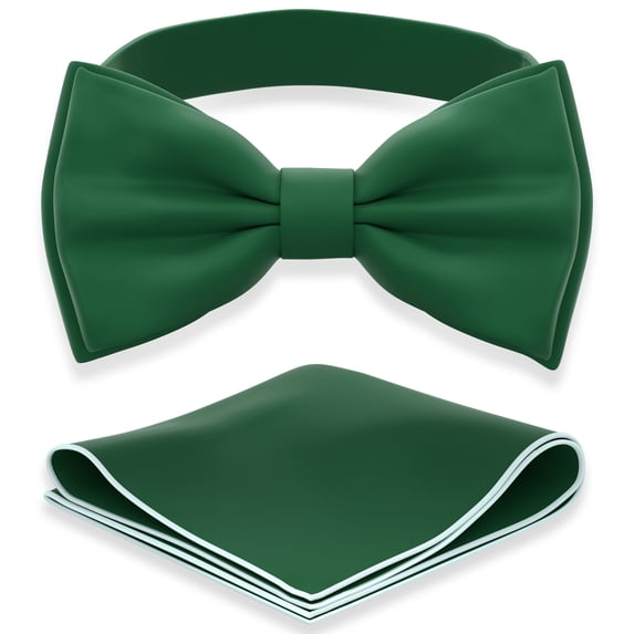 Men's Green Bow Tie with Handkerchief Set Pre-Tied Style Formal Satin Classic Bowtie for Tuxedo Faux Silk, by Adam Young (Large, Juniper)