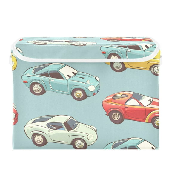 Cartoon Colorful Vehicles Foldable Storage Bin with Lid and Handle Collapsible Storage Box 16.5 x 12.6 x 11.8 inches