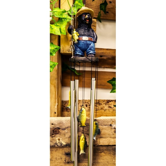 Rustic Western Fishing Hillbilly Black Bear With Rod & Bass Figurine Wind Chime