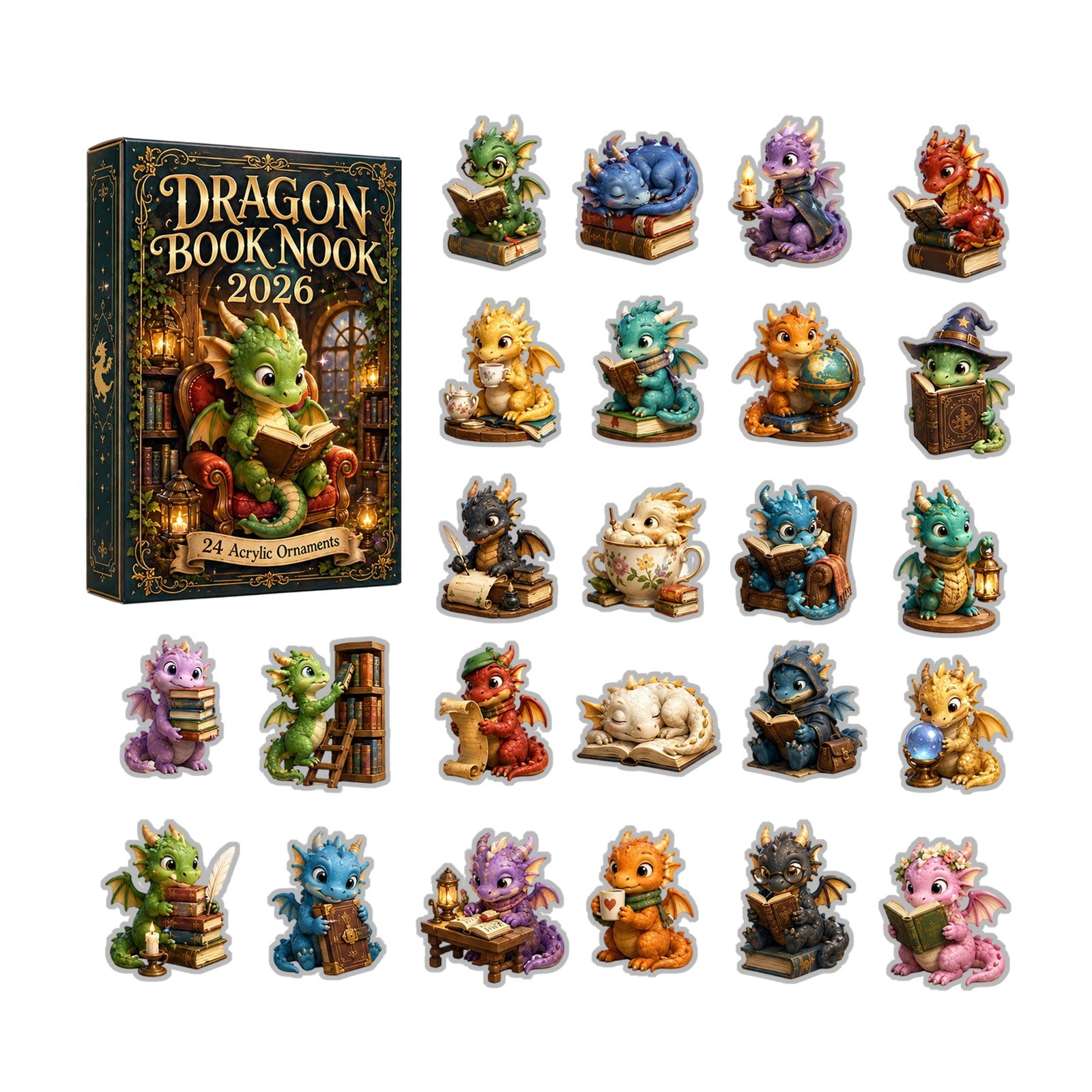 2026 Dragon Book Nook Christmas Advent Calendar, 24 Days Xmas Countdown Calendar Cute Bookish Baby Dragon Acrylic Ornaments, Collectible Surprise Gift Box Stocking Stuffer for Fantasy Book Lovers