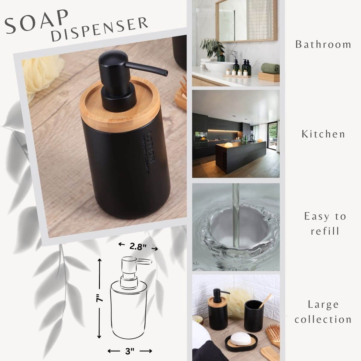 Sleek Matte Black Soap Dispenser with Natural Bamboo Detail - Polyresin Hand Pump, Elegant Bathroom Accessory