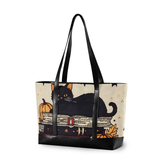 FORMRS Canvas Laptop Tote Bag for Women with 15.6" Computer Compartments Shoulder Handbag, Halloween Cat