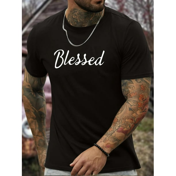 Camiseta de manga corta para hombre con estampado creativo "Blessed", cuello redondo informal, versátil y cómoda, colección primavera/verano. Para adultos, hombres, mujeres, adolescentes, jóvenes.