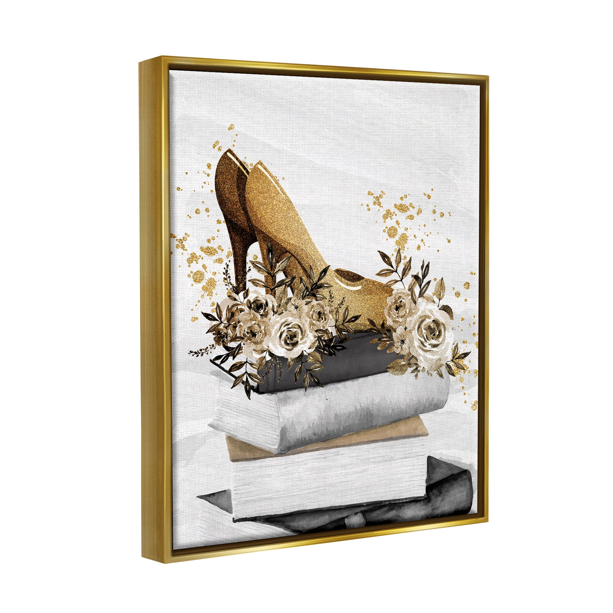 Stupell Industries Dazzling Floral Heel Shoes Trendy Books Stacked Graphic Art Metallic Gold Floating Framed Canvas Print Wall Art, Design by Kim Allen