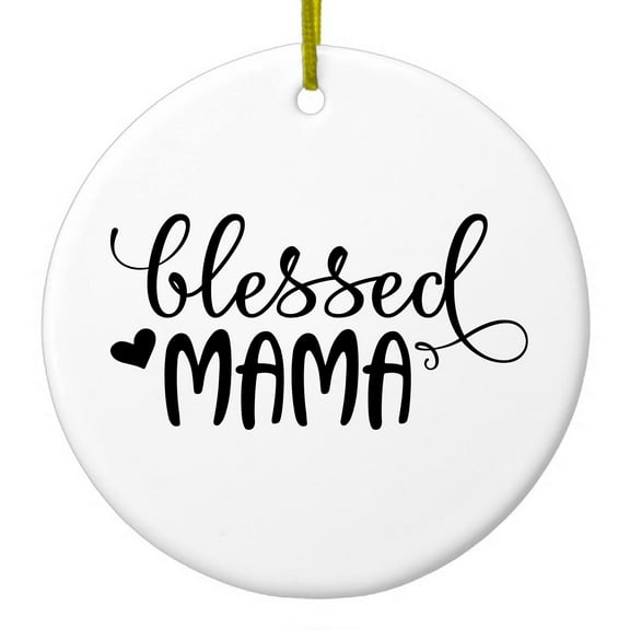 DistinctInk Hanging Ceramic Christmass Tree Ornament with Gold String - Great Gift / Present - 2 3/4 inch diameter - Blessed Mama - Heart