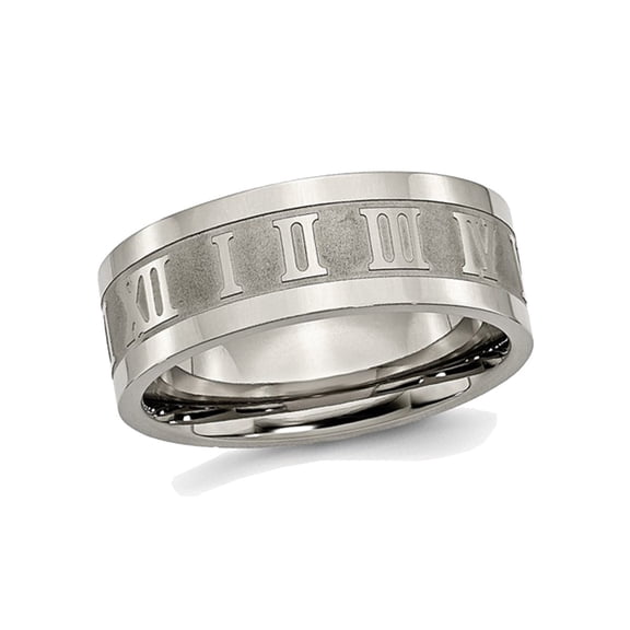 Mens Titanium Roman Numerals 8mm Satin Flat Wedding Band Ring