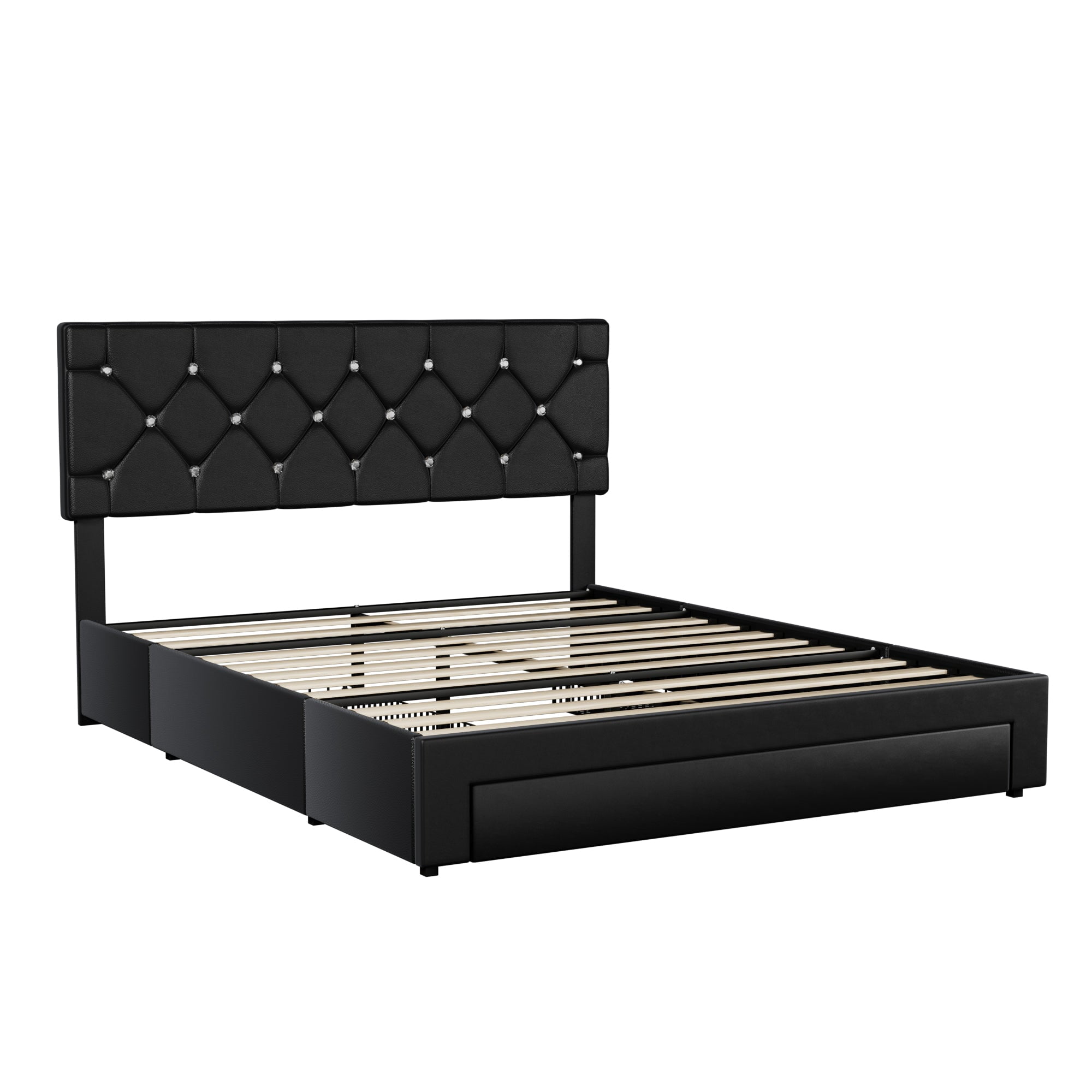 VECELO Queen Size Upholstered Bed Frame with 3 Drawers & Adjustable Headboard, Under Bed Storage, Black