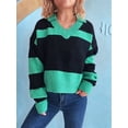 thumbnail image 4 of Women Fall V Neck Sweater Color Block Long Sleeve Shirt Casual Loose Striped Pullover Sweaters Green L, 4 of 9