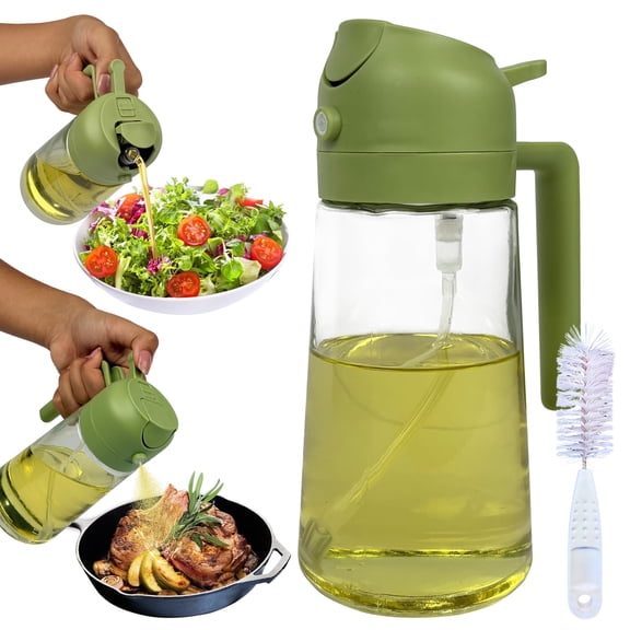 NextG Ideaz 2 In 1 Cooking Oil Sprayer and Pourer, Non-Drip Spout, 16oz/470ml (Green Cap, Clear Bottle), with Cleaning Brush