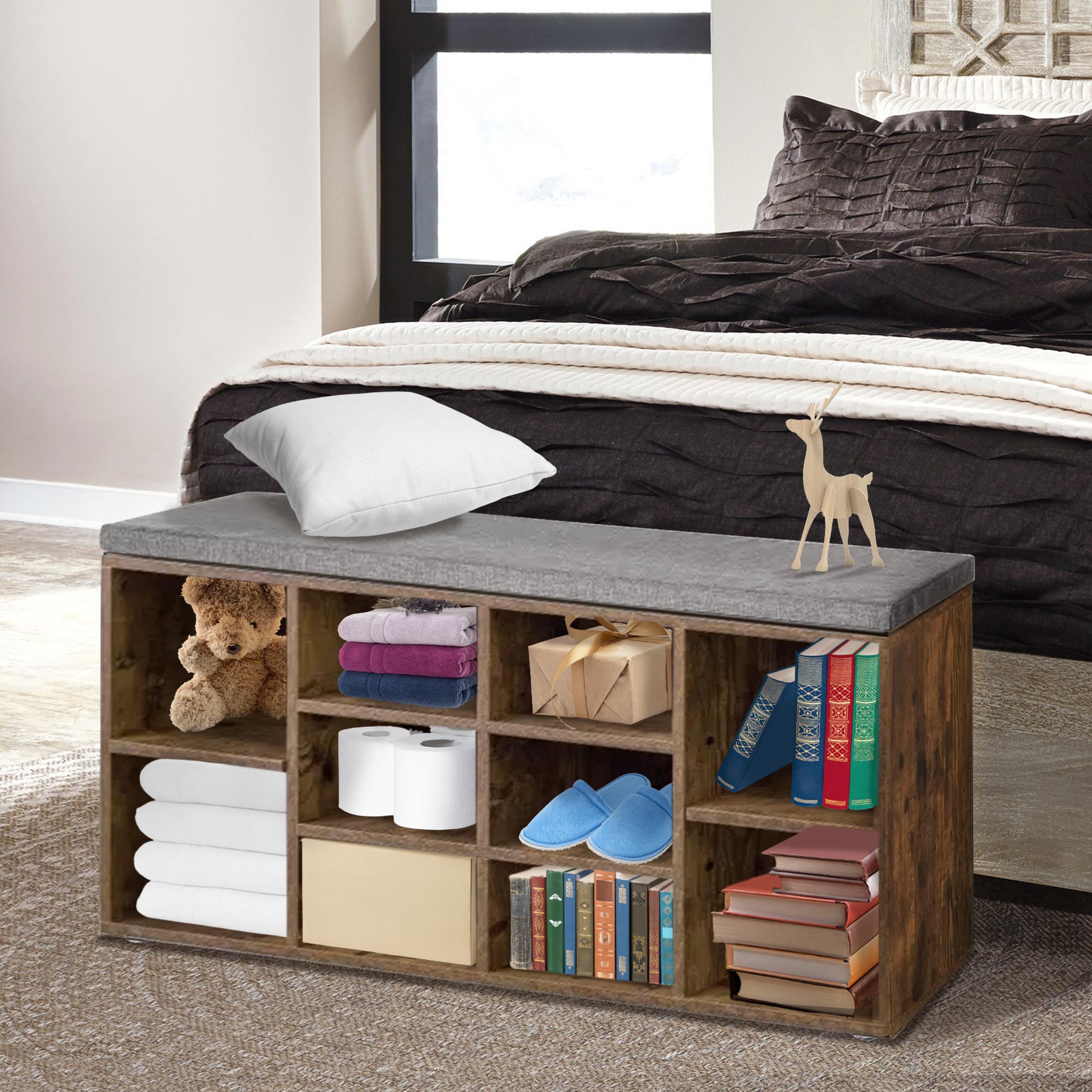 Shoe Bench Storage Bench with cushion, Entryway Bench with Storage, 10 Compartments Shoe Organizer with 3-Tier Shoe Rack, Adjustable Shelves Shoe Storage for Entryway Hallway Bedroom, Brown