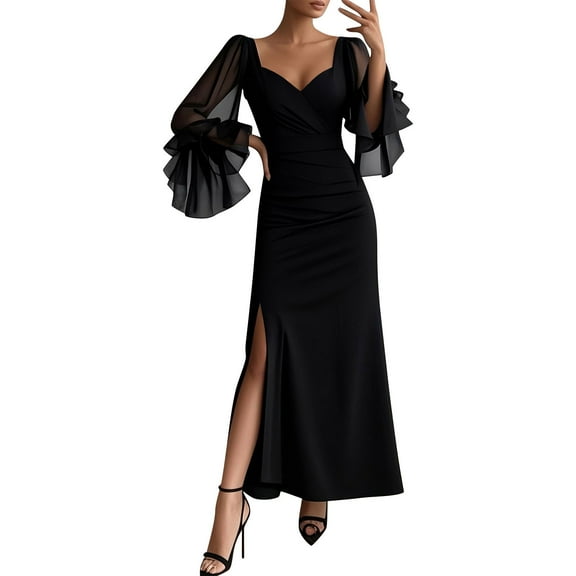 WJHWSX Dresses for Women,Womens Fall Dresses,Black Casual Dresses for Women,Long Sleeve,V Neck,Easy Care,Solid,XL