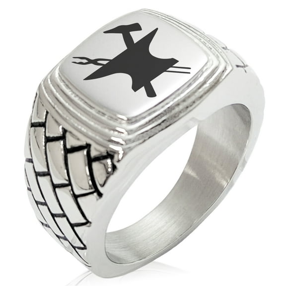 Stainless Steel Hephaestus Greek God of Blacksmith & Fire Geometric Pattern Step-Down Biker Style Polished Ring