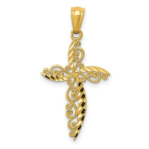 14k Yellow Gold Filigree Cross Pendant Charm, Polished Religious Jewelry
