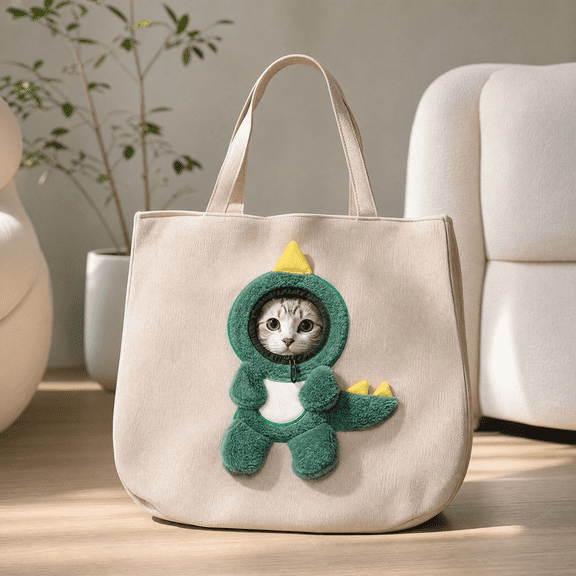 Cat Carrier Tote Bag with Dinosaur Head Hole, Canvas Cat Carrier Tote, Portable Single-Shoulder Outdoor Travel Pouch with Head-Out Hole for Kittens