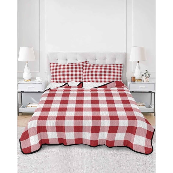 Quilts Twin Size, Farmhouse Red Plaid Soft Comforter Bedding Set for Bed, Rustic Red White Checkered Lightweight Quilted Bedspread with Pillow Cover(2 Pieces) for All Season, 68x86 Inch