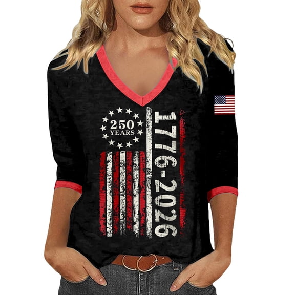 WERYOUNG Patriotic Graphic T Shirt For Women V Neck 3/4 Sleeve Tee Fourth Of July Celebration T-Shirts Stylish Clothes L