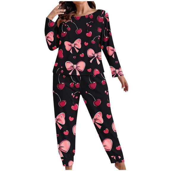 FDGIU Women Plus Size Valentine Pajamas Set - Long Sleeve 2 Piece Sleepwear Holiday Pj’s Loungewear Set