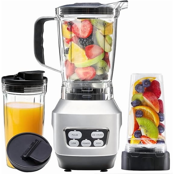 1200W Professional Blender with 3 BPA-Free Cups (60, 34, 24 oz) - 6-Blade Countertop Blender for Smoothies, Ice Crushing, Sauces & Shakes, Silver Kitchen Blender