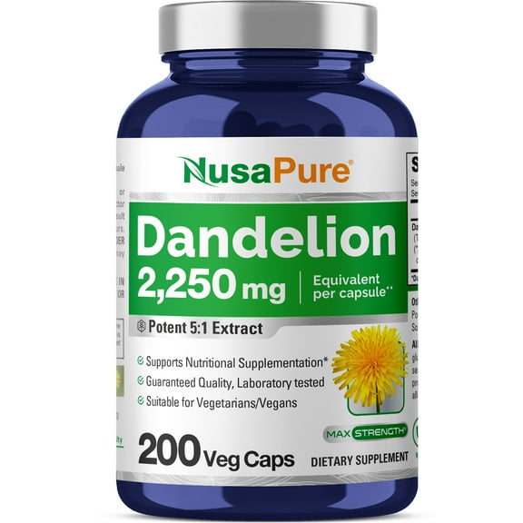 NusaPure Advanced 5:1 Dandelion Root Extract 200 Capsules, 2250mg Equivalence, 100% Vegetarian/Vegan, Unisex Dietary Supplement for Adult Health & Wellness