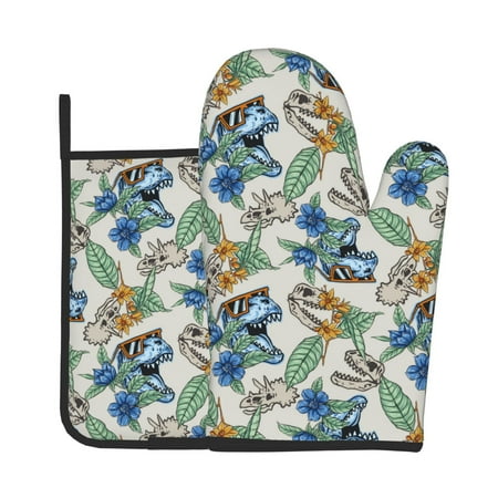 

Tebeau Dinosaurs And Leaves Print Oven Mitts and Pan Racks 2-Piece Set Kitchen Oven Mitts and Pan Racks Heat Resistant 500 °F for Baking and Cooking