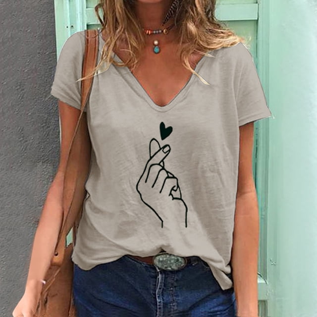 T-Shirt à Col en V d'Été Décontracté pour Femmes, Imprimé, à Manches Courtes