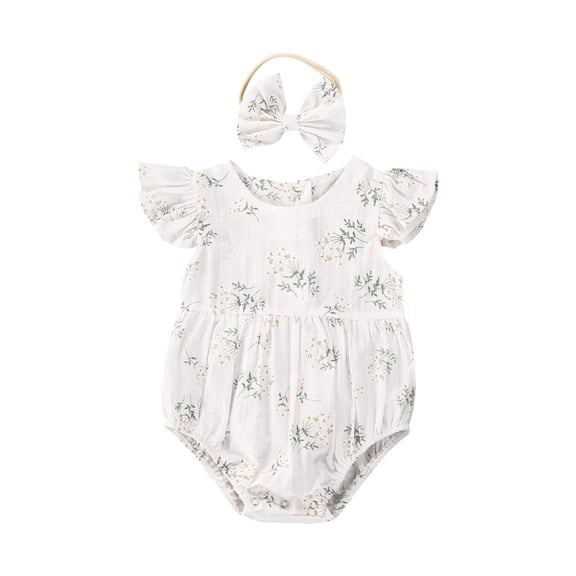 Bagilaanoe Newborn Baby Girl Summer Rompers Floral Print Fly Sleeve Ruffle Bodysuit   Headband 6M 12M 18M 24M Infant One Piece Jumpsuit