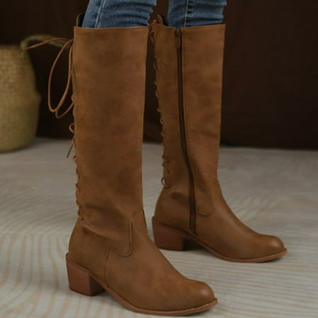 

Christmas Ladies Autumn And Winter Fashion Handsome Solid Color Retro Thick And Square Heel Round Toe Side Zipper Boots