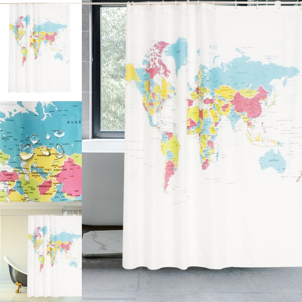 World Map Pattern Shower Curtain Bathroom Waterproof Fabric 12 Hooks 71 Inch Hot 
