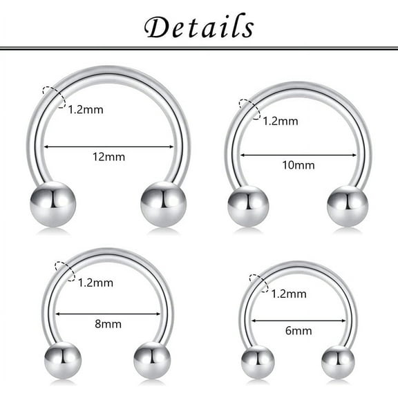 GHRTGR-16G Hinged Clicker Segment Septum Rings Stainless Steel Nose Horseshoe Hoop Eyebrow Lip Cartilage Helix Tragus Earrings Piercing Jewelry 6/8/10/12mm Replacement Balls 3mm