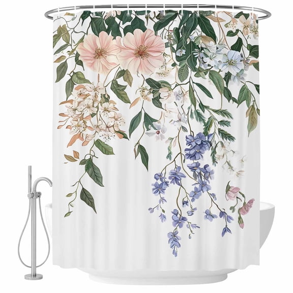 Xipuska Spring Floral Leaves Shower Curtain - Water Repellent Fabric Shower Curtains Washable, Rustic Watercolor Flowers Decorative Polyester Cloth Bathroom Curtains Modern Bath Decor 66"x72"