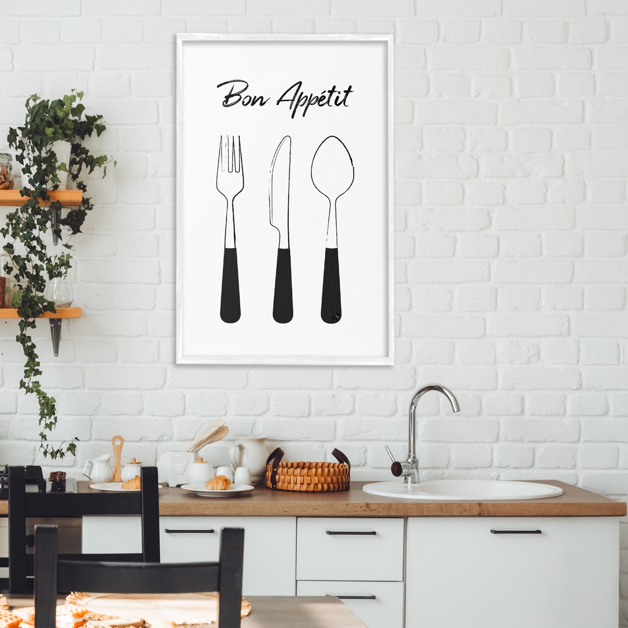 Stupell Industries Bon Appetit Fork Knife Spoon White Framed Giclee Art, design by Martina Pavlova