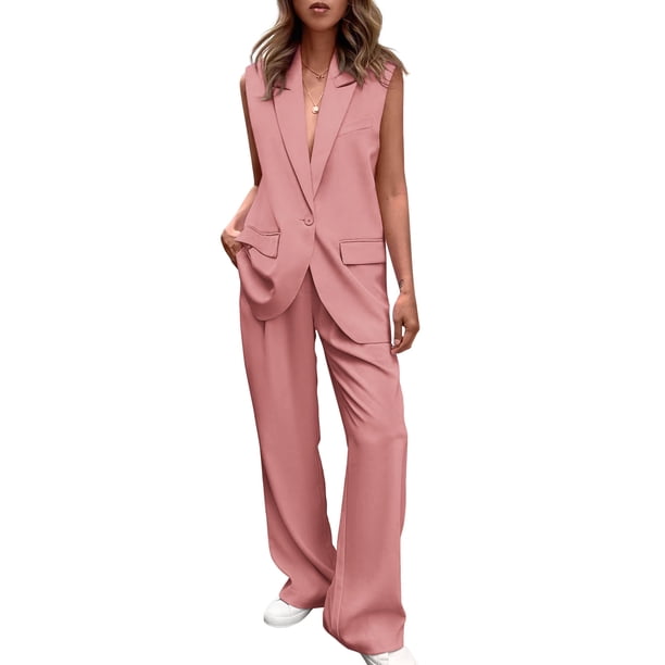 Conjunto PRETTYGARDEN Chaleco sin Mangas Pantalones Palazzo Rosa Claro M