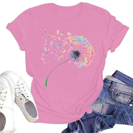 NAMTYQX Womens Graphic T Shirts Stretch Soft Round Neck Plus Size Short Sleeve Casual Print Print Loose Fit Womens Short Sleeve Tops Pink Size L