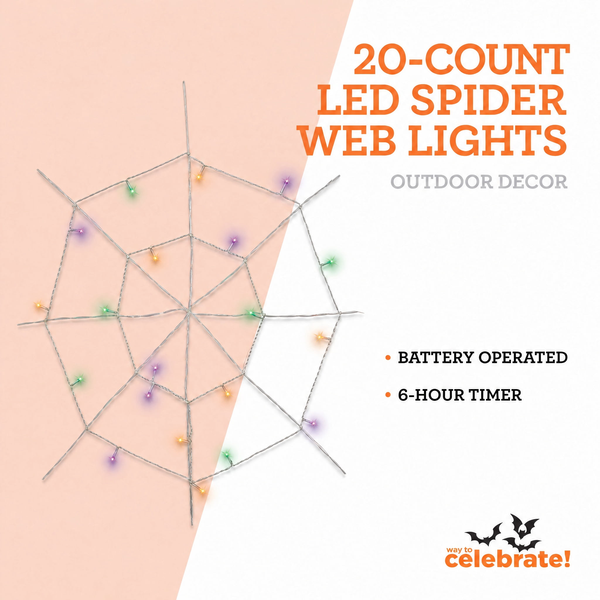 Indoor 20-Count Battery-Operated LED Spider Web Lights, Multicolor, 2', Halloween by Way To Celebrate