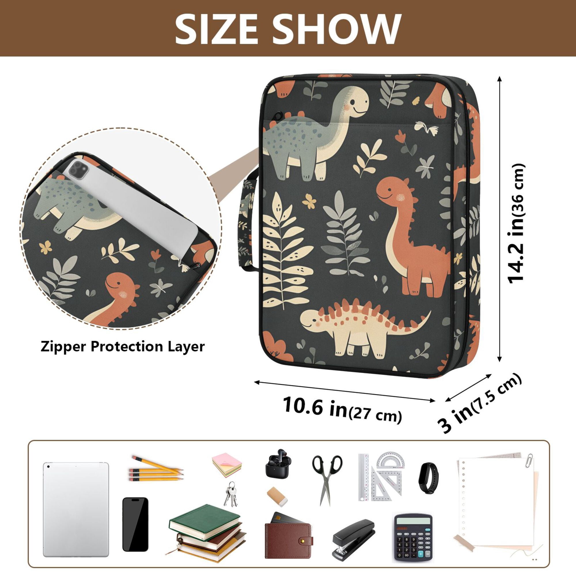 FORMRS Accordion File Folder A4 Size 7-Pocket Expanding Document Organizer Bag with 3 Ring Binder, Gray Dinosaur