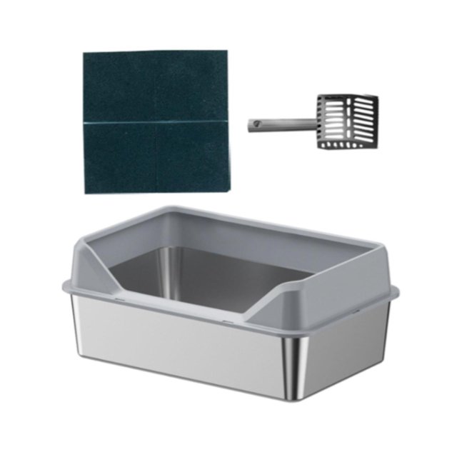 Cajas de arena de acero inoxidable para gatos, orinal abierto, bandeja para arena para gatos, arena para gatos portátil con valla alta y lados altos, Gris claro