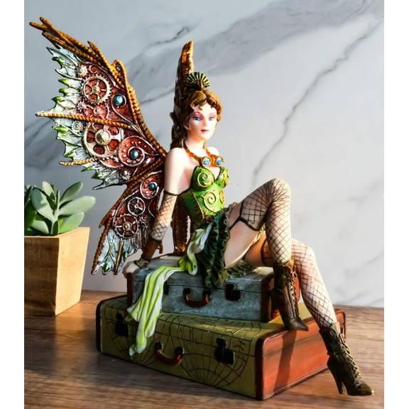 Steampunk Aviator Fairy Sitting On Suitcases Figurine 9"H Victorian Traveler