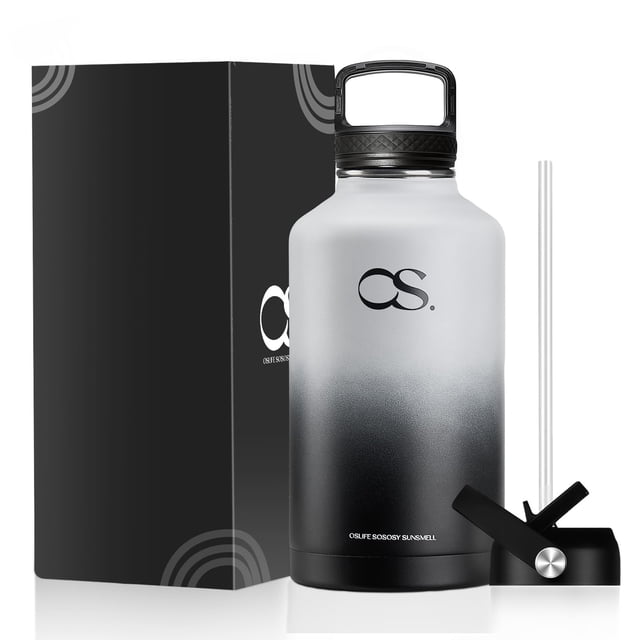 OSLIFE Termo Acero Inoxidable,Botella de Agua con 2 Tapas,Agua Fría 24 Horas o Caliente 12 Horas,Hermética Antigoteo,contigo ((Blanco-Negro, 2 Litros)