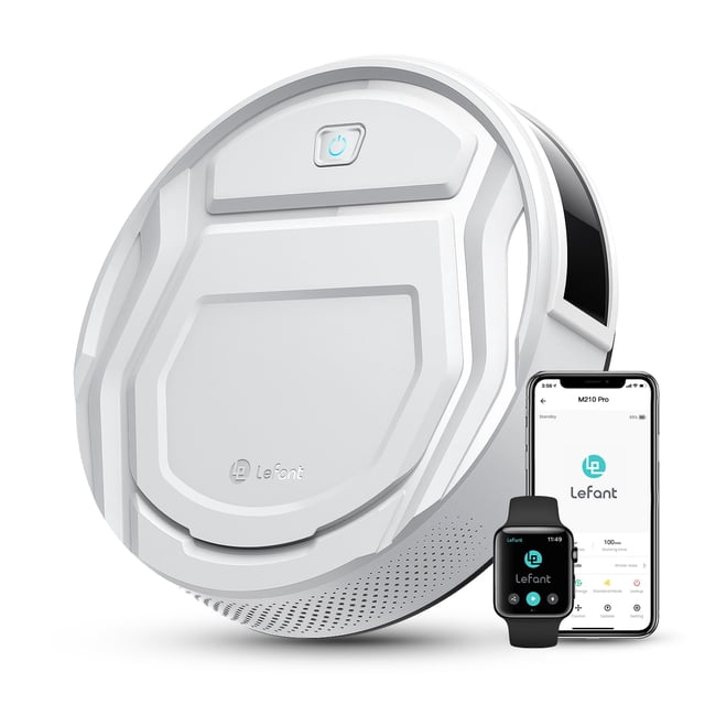 Robot aspirador Lefant M210 Pro con potente succión, 6 modos de limpieza, 120 minutos de autonomía, silencioso, autocargable, control por voz, ideal para pelo de mascotas y suelos duros, color blanco.