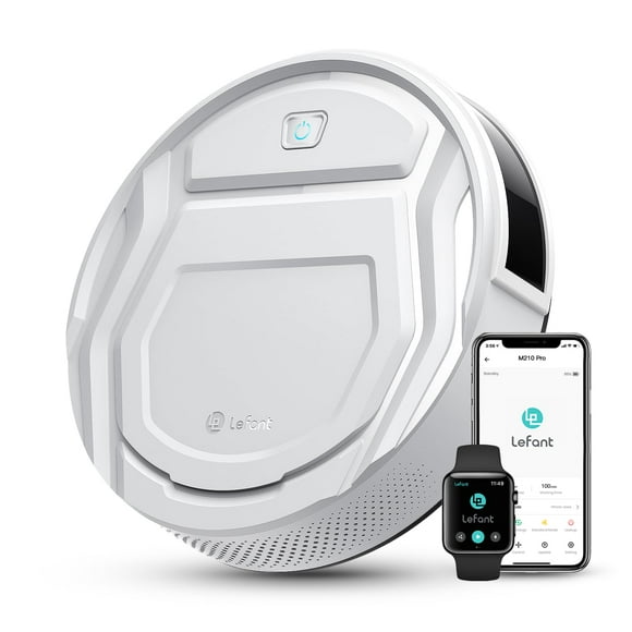Robot aspirador Lefant M210 Pro con potente succión, 6 modos de limpieza, 120 minutos de autonomía, silencioso, autocargable, control por voz, ideal para pelo de mascotas y suelos duros, color blanco.