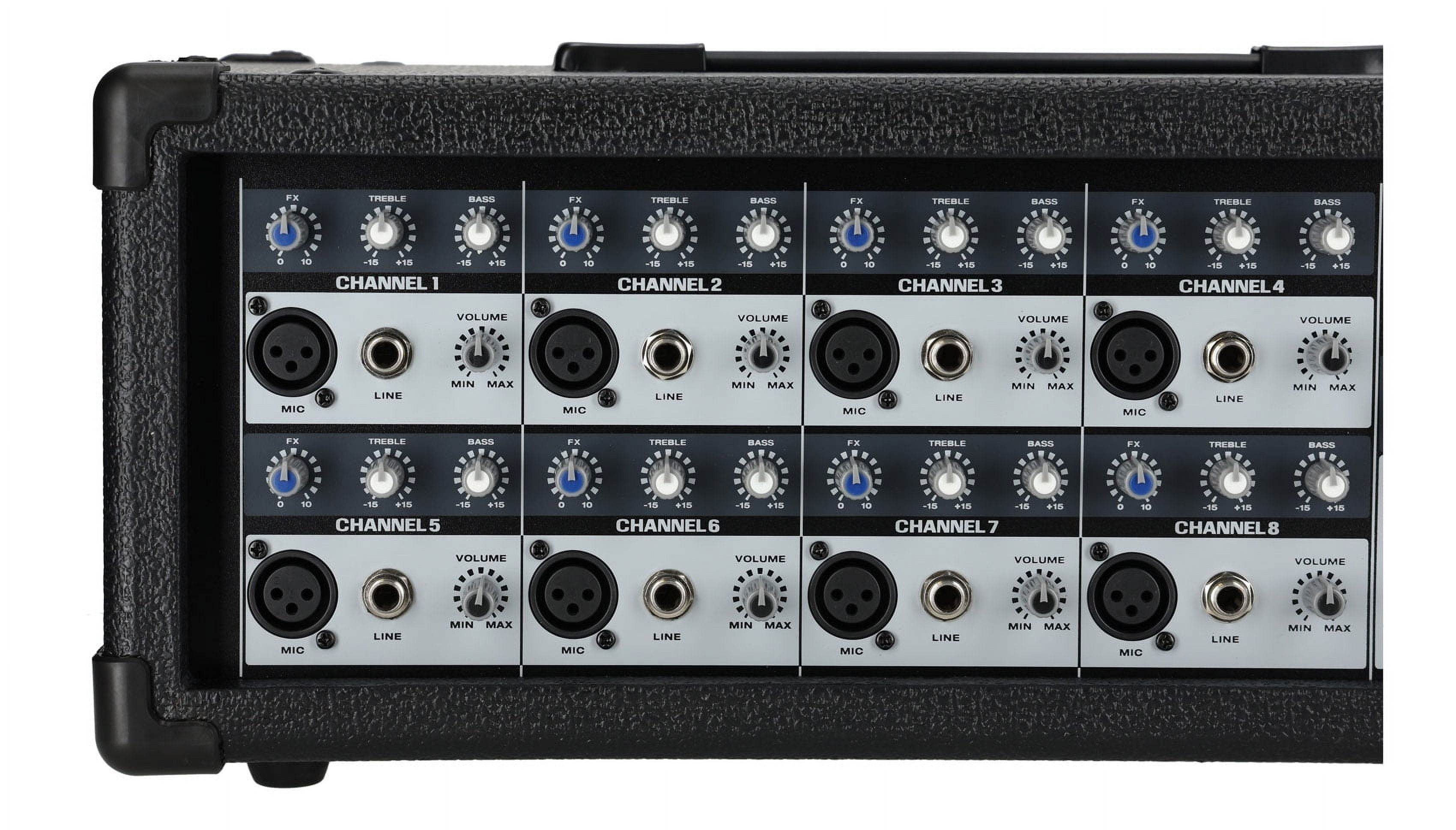 Rockville RPM85 2400W Powered 8 Channel Mixer, Bluetooth, USB/SD, 5 Band EQ, Adjustable Echo/Delay, +15V Phantom Power, for Live Music and Events