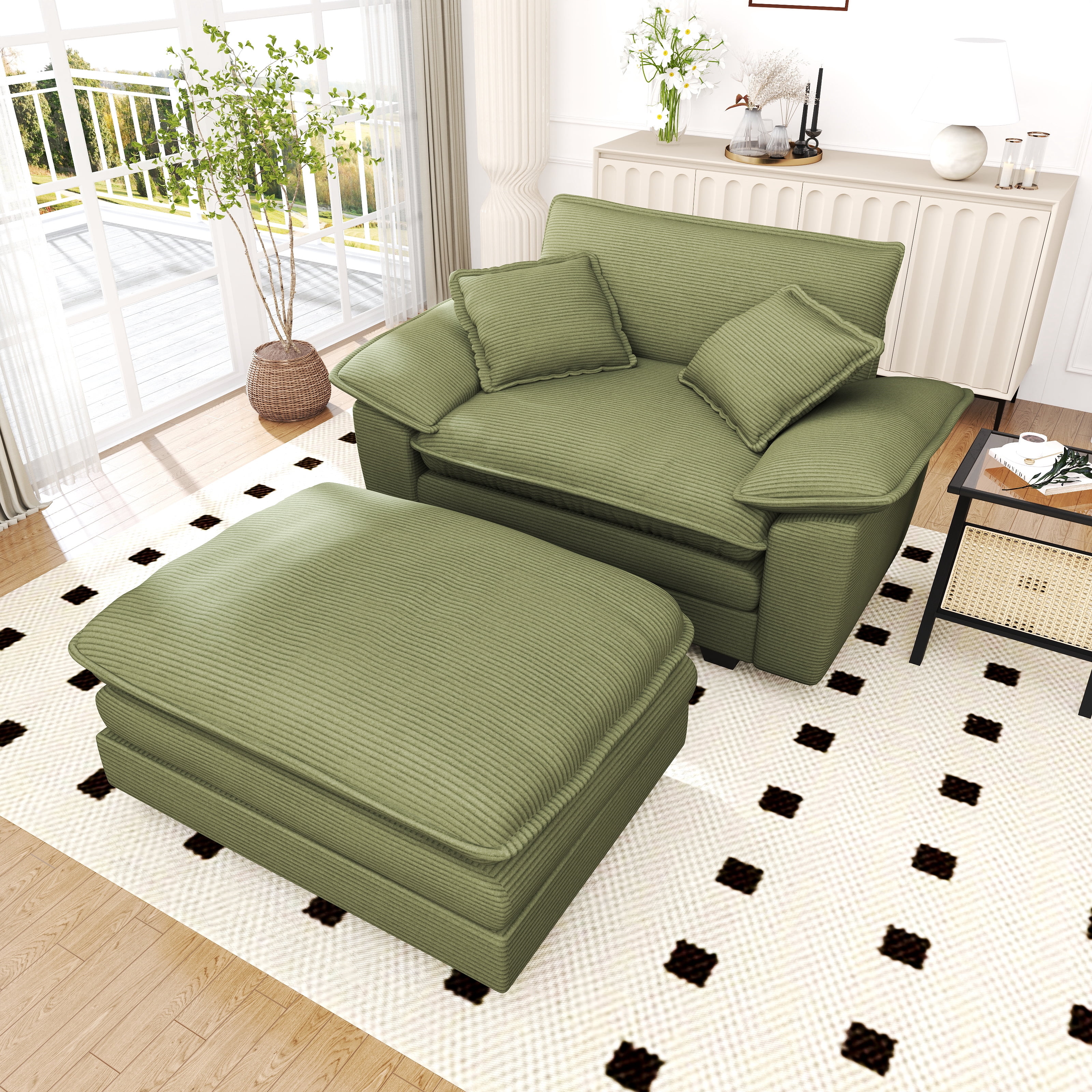 Lunale Oversized Lounge Chair & Ottoman Set - 48" Cloud Corduroy Accent Armchair for Modern Living/Bedroom, Green Corduroy