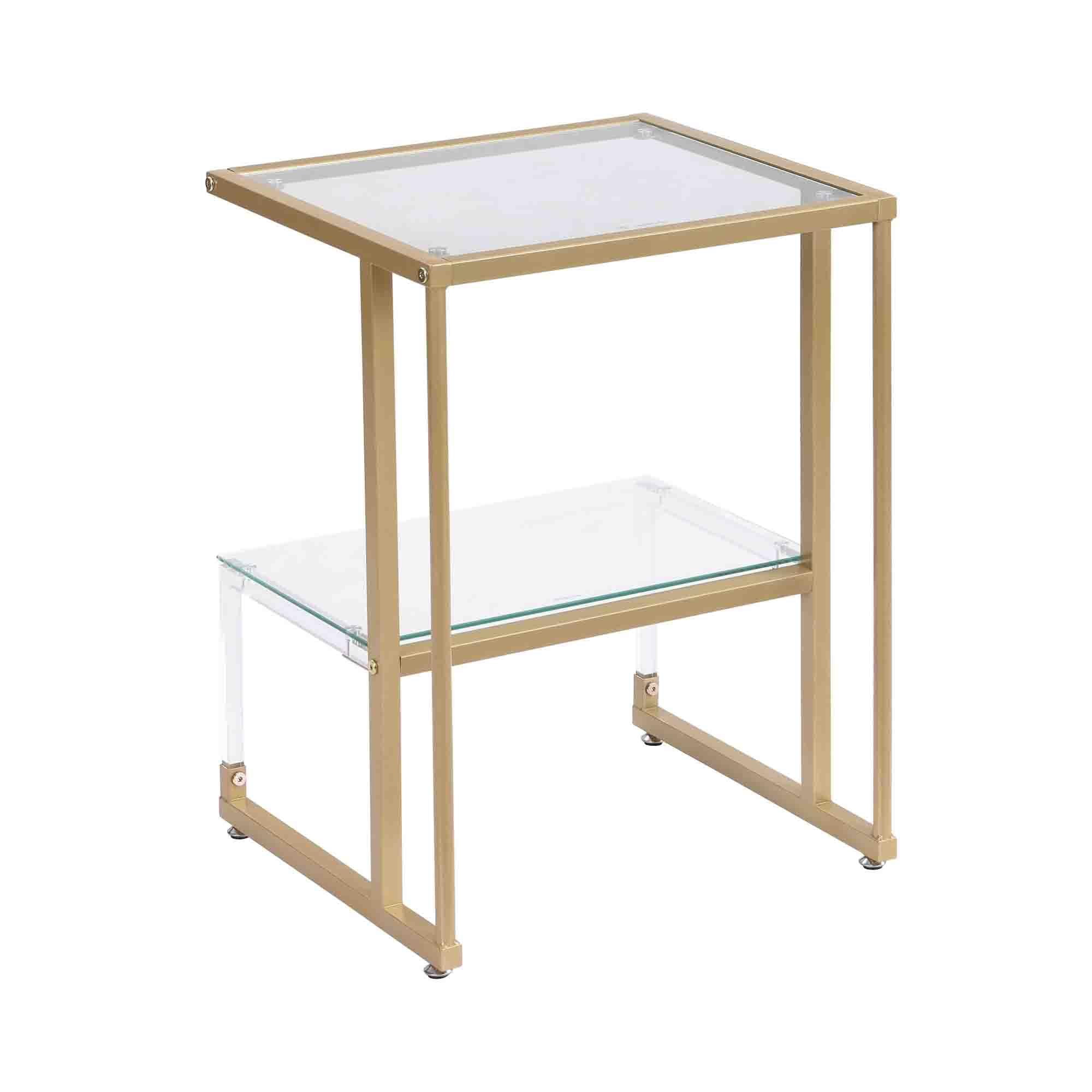 Gewnee 2-Tier Acrylic Glass End Table,Modern Side Table with Tempered Glass Shelves,Gold