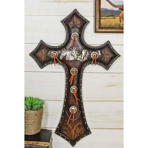 Rustic Western Triple Silver Mustang Horses Faux Tooled Leather Wall Cross 19"H