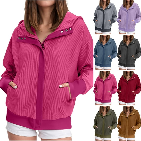 idosla Womens Corduroy Hooded Jackets Casual Zip Up Sweatshirt Jacket Trendy Fall Winter Coat Hoodies with Pockets (Grey, M)