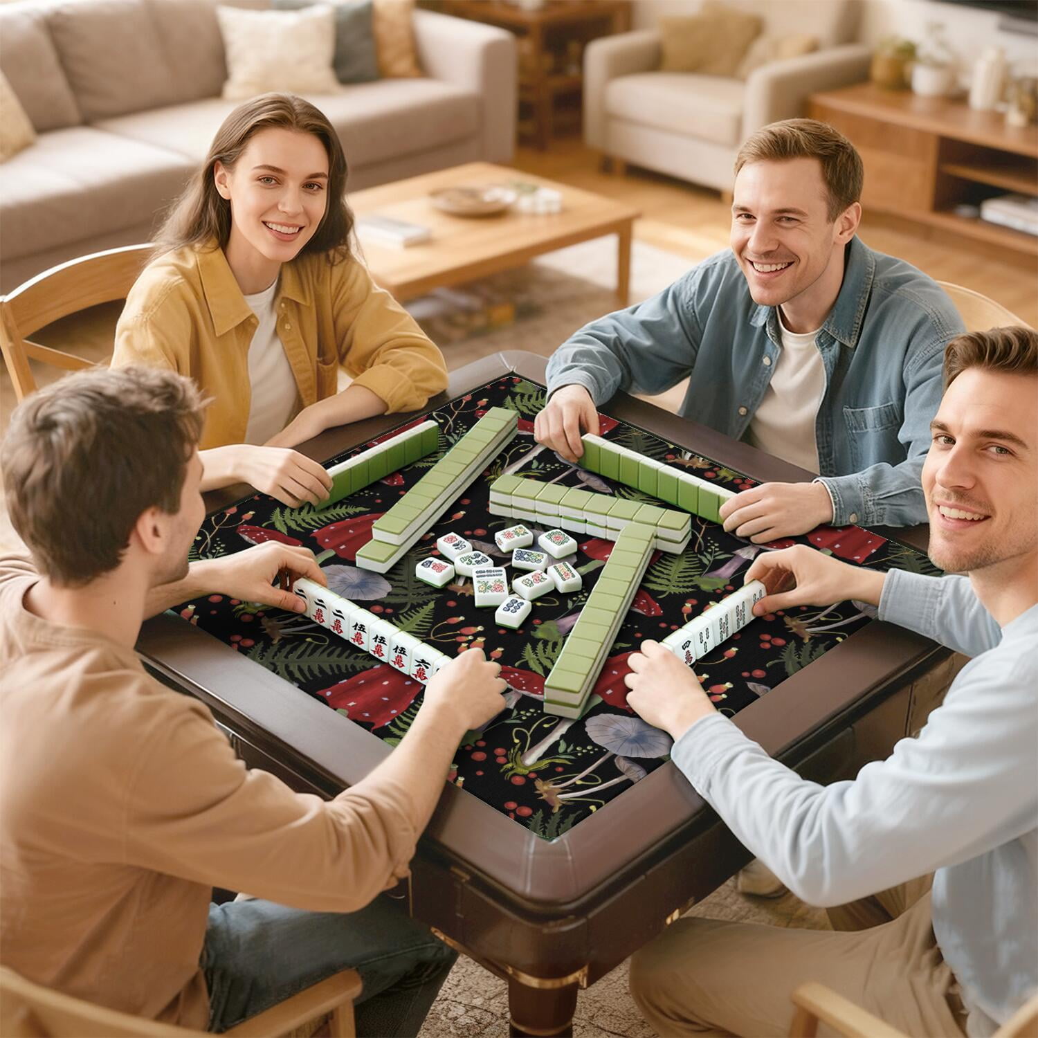 31.5 Inch Botanical Plants Mahjong Playing Mat Constructed from High Quality Rubber with Anti-Slip Properties and Noise Reduction Features for Card Games Board Games