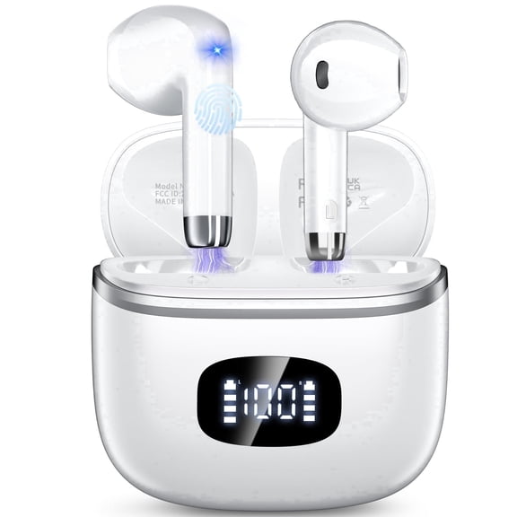 Wireless Earbuds Bluetooth 5.4 Noise Cancelling for iPhone Android with 4 ENC Mic, Dual LED Display, 50H Playtime IPX7 Waterproof In Ear Headphones, White