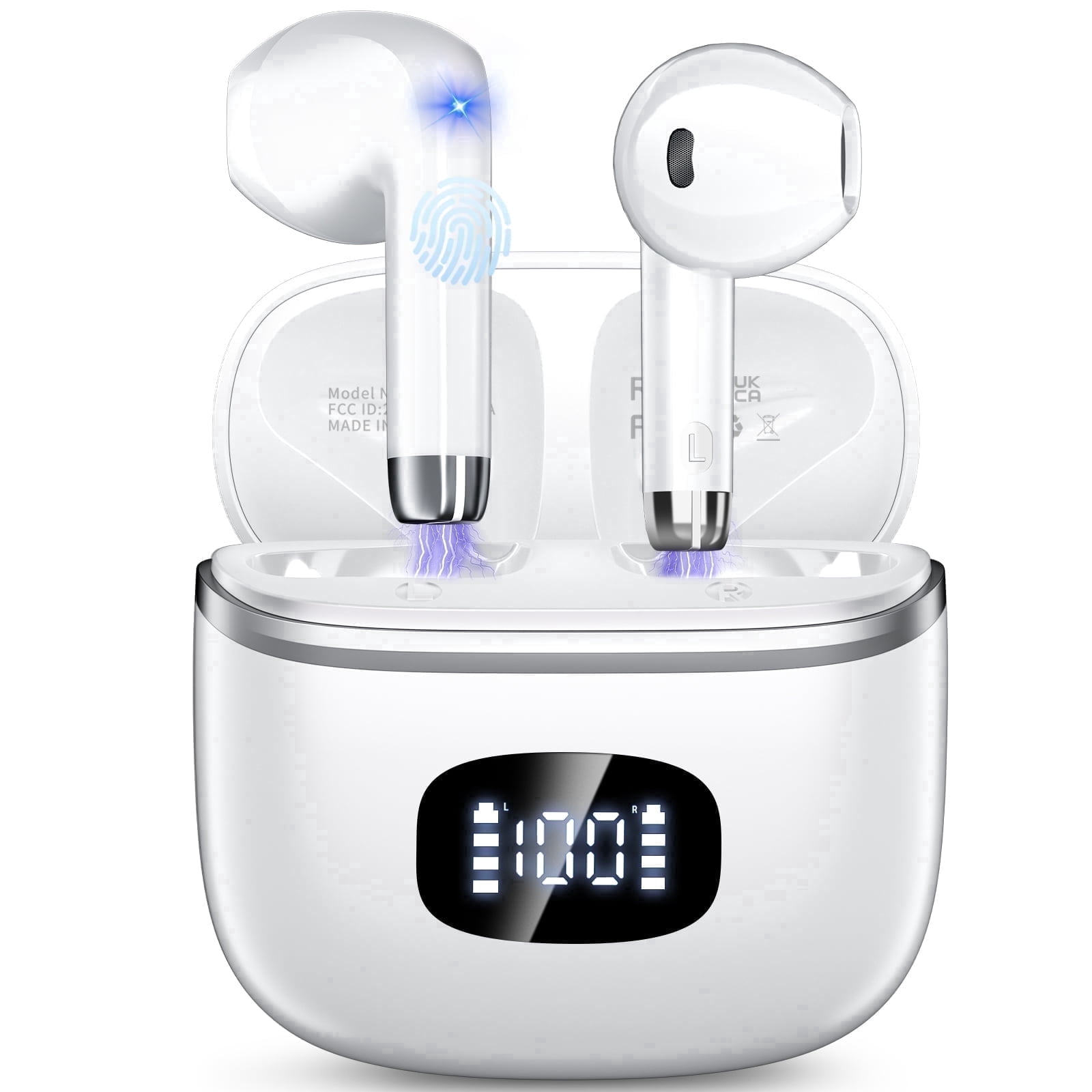 Wireless Earbuds Bluetooth 5.4 Noise Cancelling for iPhone Android with 4 ENC Mic, Dual LED Display, 50H Playtime IPX7 Waterproof In Ear Headphones, White